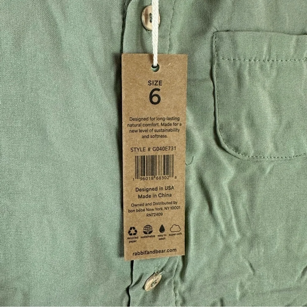 NWT rabbit + bear organic cotton linen blend short set boys sage green